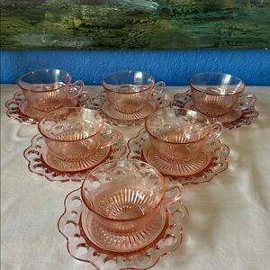6 Vintage Anchor Hocking Pink Glass Old Colony Open Lace Cups and Saucer